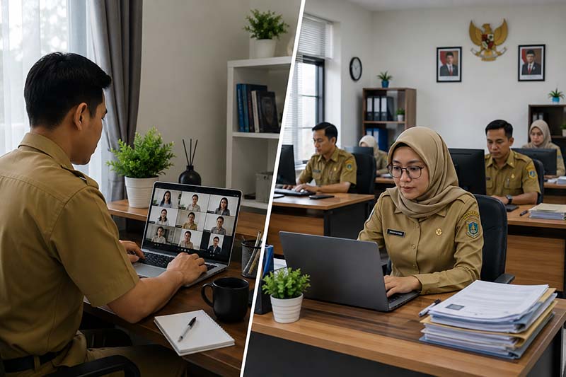 Ilustrasi fleksibilitas sistem kerja jarak jauh (WFH) dan kerja dari kantor (WFO) yang diterapkan bagi pegawai pemerintah. Sebagian (50%) ASN Kerja di Rumah dan ASN Kerja di Kantor demi mendorong efisiensi operasional negara. (FOTO: Dok. Istimewa)